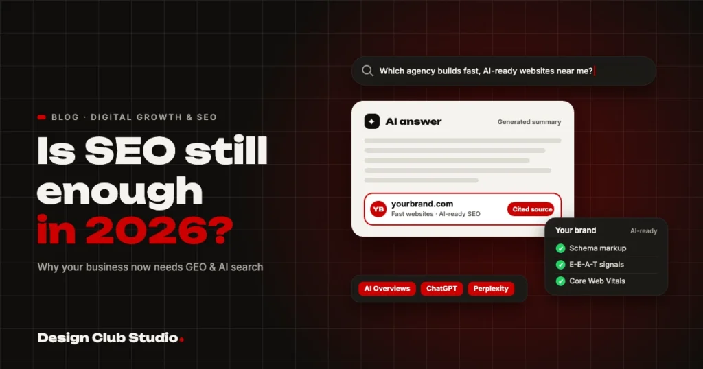Is SEO still enough in 2026: an AI answer citing Your Brand as the source, with schema, E-E-A-T and Core Web Vitals checked